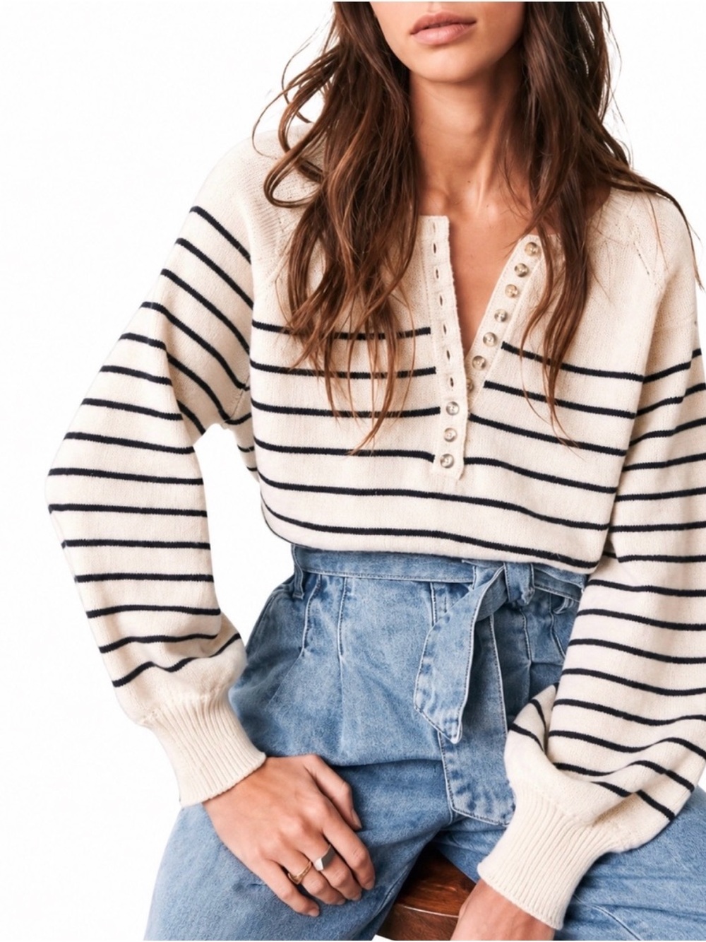 Sezane Léontine Cream & Black Striped Button-Front Scoop Sweater size S
